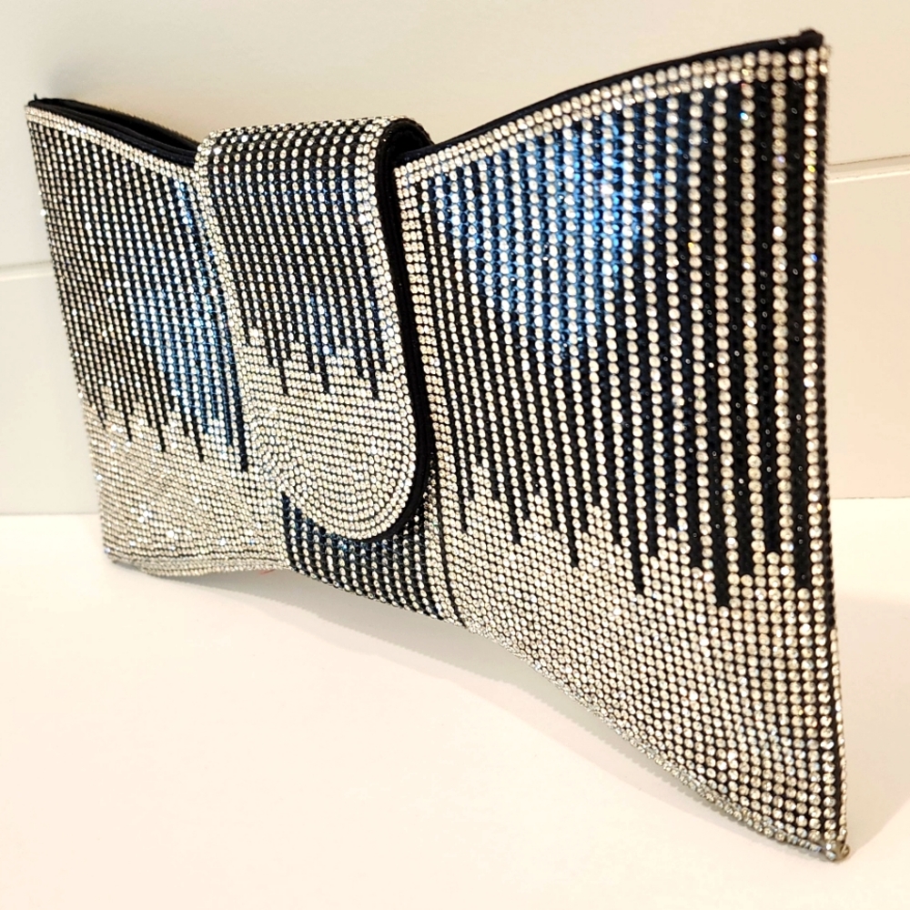 Pavé Silver & Black Women's Rhinestone Bowtie Shape Clutch Handbag Purse - Picture 5 of 13